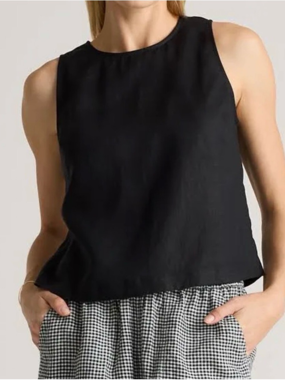 QUINCE Black 100% European Linen Cropped Tank Top Sleeveless Shell XL